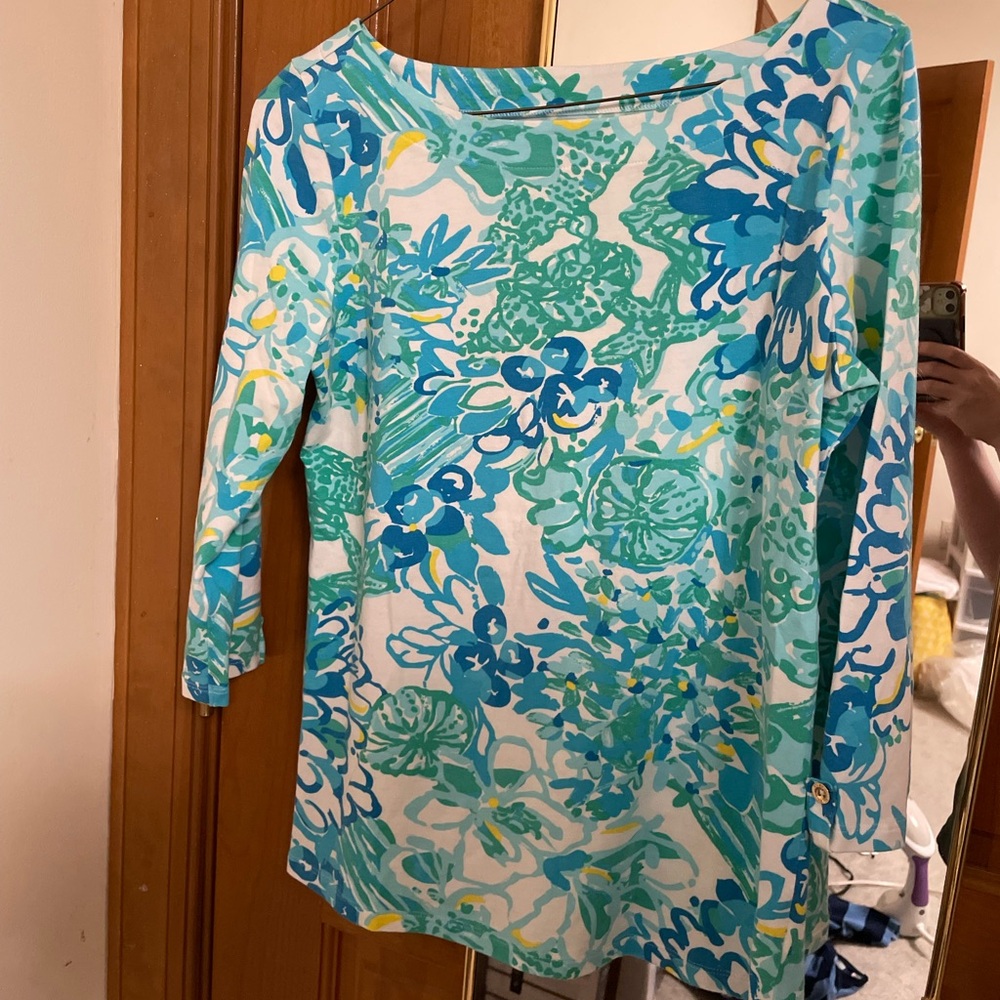 Lilly Pulitzer Boat Neck 3/4 Sleeve Blue Floral In a Pinch Top